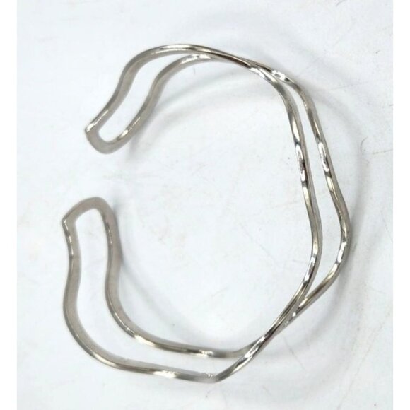 Twin Wave Abstract Cuff Silver Tone Bracelet - Picture 2 of 2